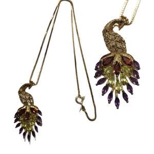 Vintage Gemstone Peacock Necklace, Gold over Sterling